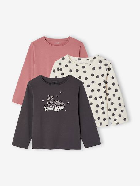 Pack of 3 long-sleeved girls' fancy t-shirts anthracite+coral+ecru+grey blue+indigo+mauve+rose 