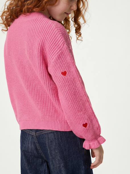 Long-sleeved round-neck jumper for girls ecru+navy blue+rose 