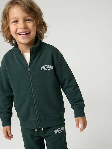 Zipped sweatshirt for boys with a trucker neck fir green+navy blue+red 