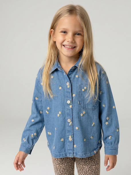 Embroidered Long-sleeved shirt for girls denim blue 