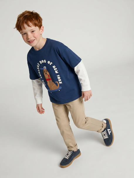 Easy-to-put-on chino-style trousers for boys beige+navy blue 