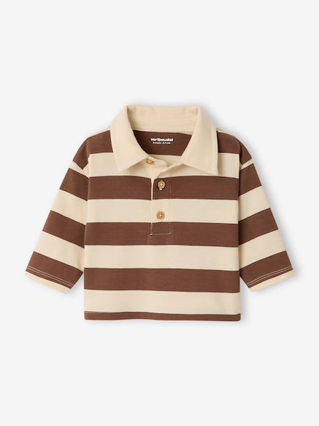 Striped long-sleeved baby polo shirt cocoa+grey blue 