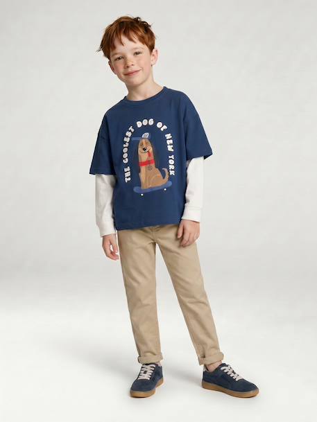 Easy-to-put-on chino-style trousers for boys beige+navy blue 