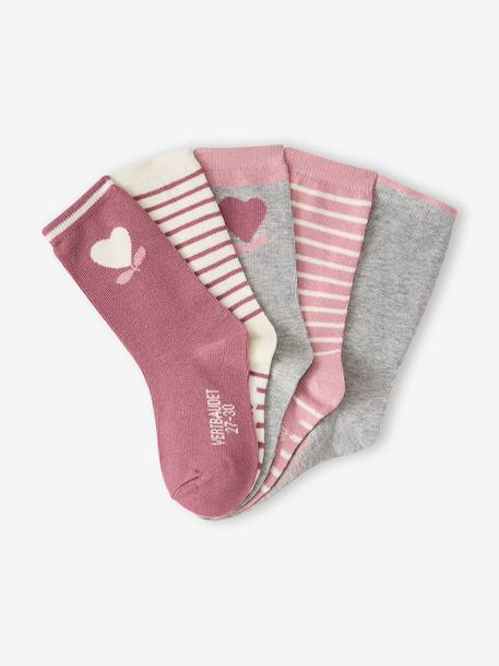 Pack of 5 Pairs of Heart Socks for Girls apricot+beige+chambray blue+mauve 