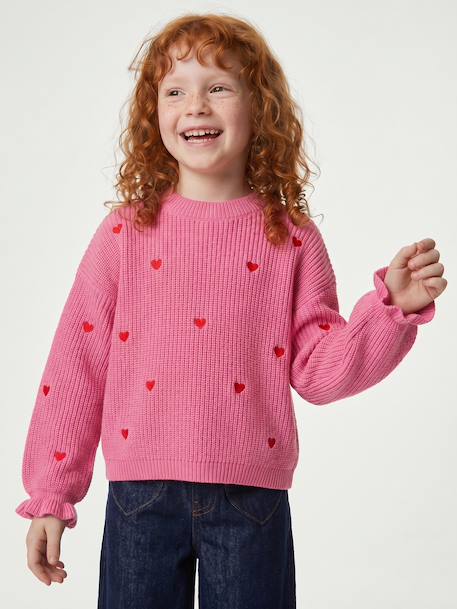 Long-sleeved round-neck jumper for girls ecru+navy blue+rose 