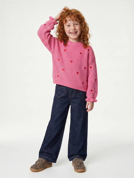Long-sleeved round-neck jumper for girls ecru+navy blue+rose 