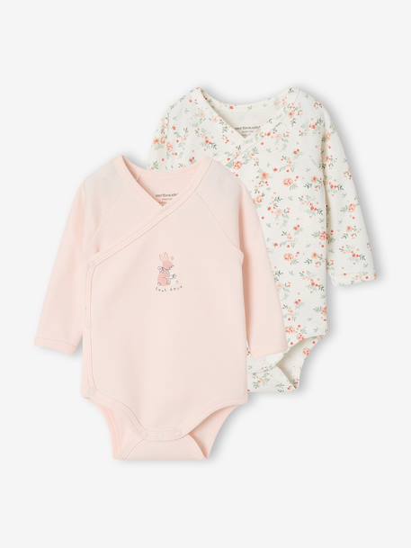 Pack of 2 long-sleeved newborn bodysuits cappuccino+pale pink+sage green 