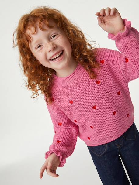 Long-sleeved round-neck jumper for girls ecru+navy blue+rose 