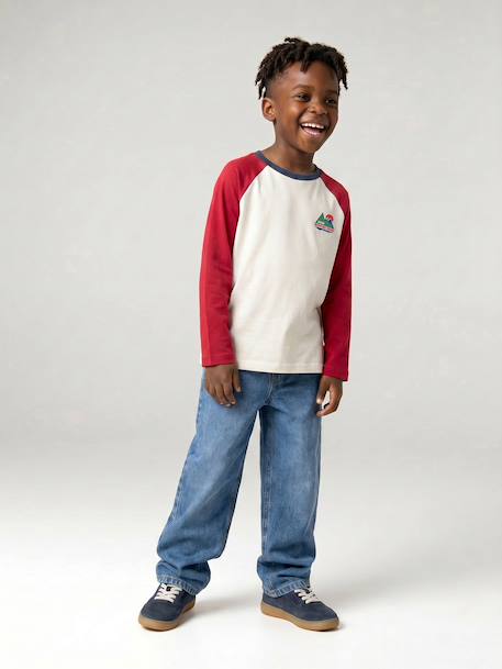 Long-sleeved T-shirt for boys bordeaux red+ochre+sage green 