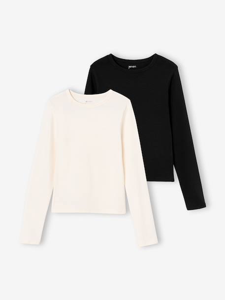 Pack of 2 cropped long-sleeved T-shirts for girls black+chocolate 