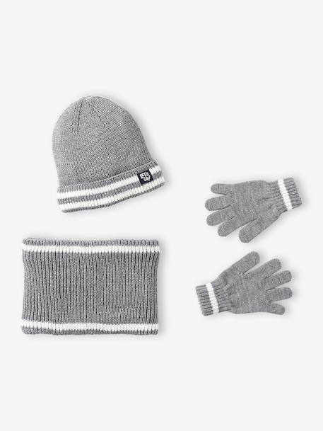 Hat, snood and gloves set for boys marl grey+night blue 