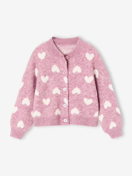 Cardigan with Jacquard Knit Hearts for Girls golden beige+lilac+old rose 