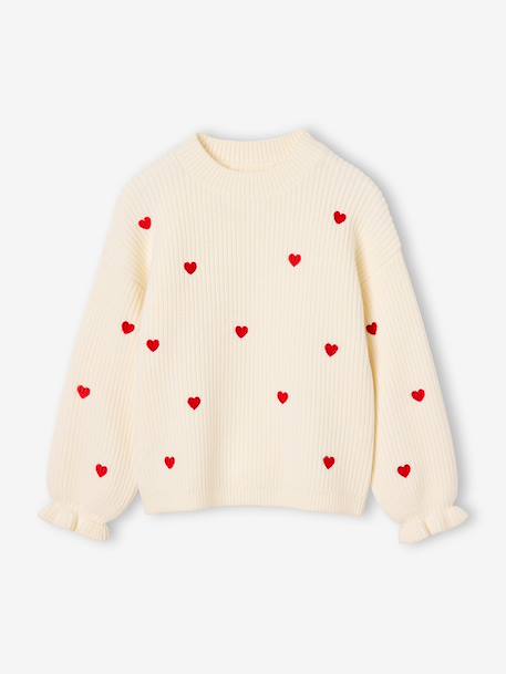 Long-sleeved round-neck jumper for girls ecru+navy blue+rose 