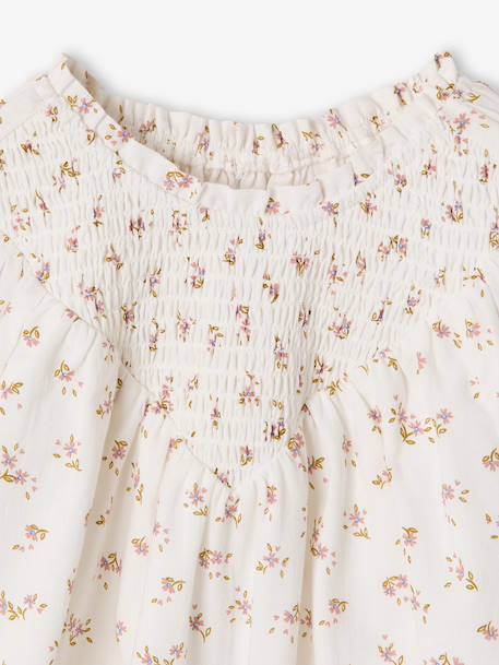 Girl's blouse with smocked sleeves ivory+pale pink+sage green+vanilla 