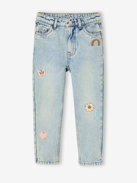 Girls' embroidered floral Mom jeans blue+light blue+medium blue 