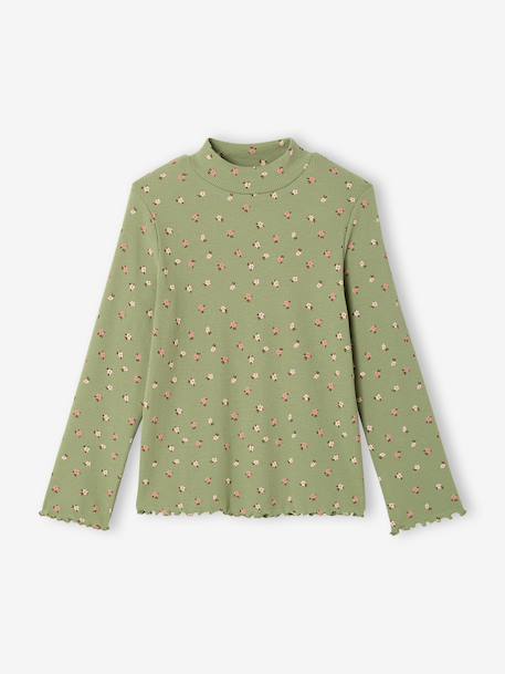 Long-sleeved roll-neck top for girls ecru+green 