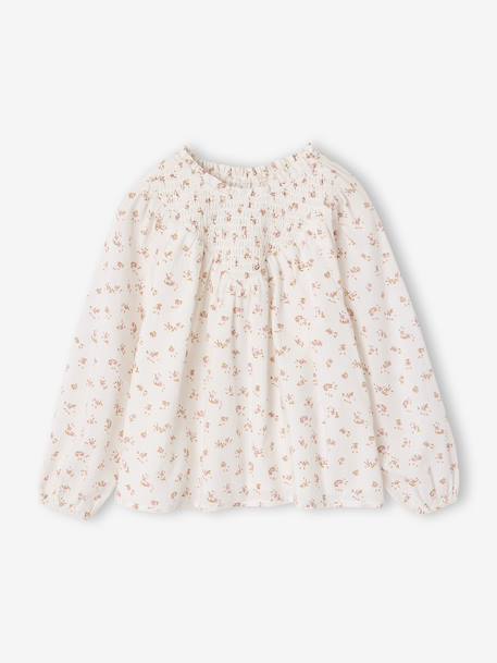 Girl's blouse with smocked sleeves ivory+pale pink+sage green+vanilla 
