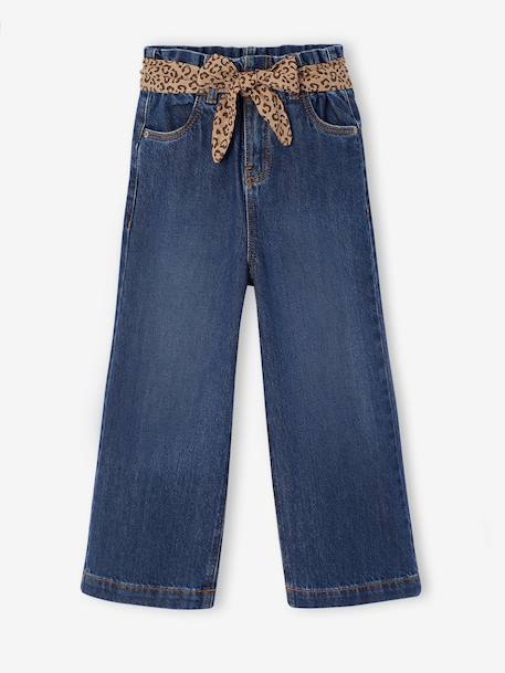 Wide-leg paperbag jeans for girls deep blue+medium blue 