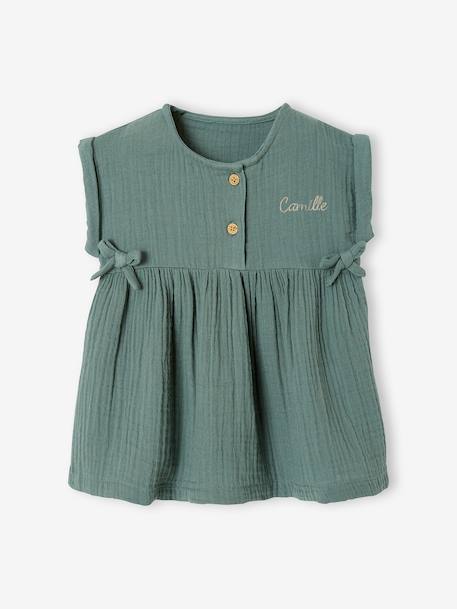 Dress in Cotton Gauze for Babies GREEN MEDIUM SOLID+ochre 