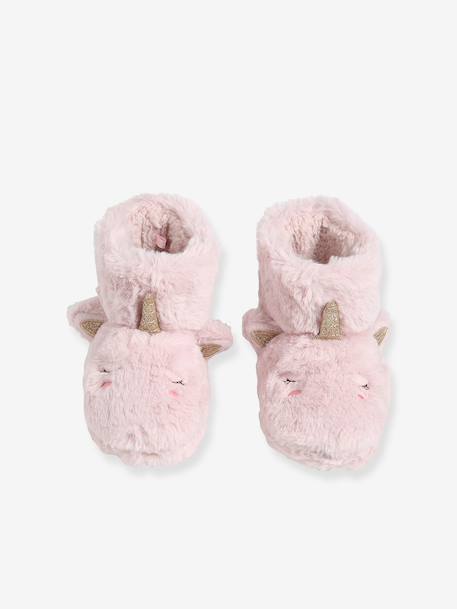 Faux fur high-top slippers for children printed beige+rose 