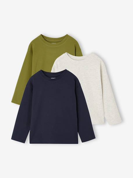 Pack of 3 long-sleeved T-shirts for boys green+royal blue 
