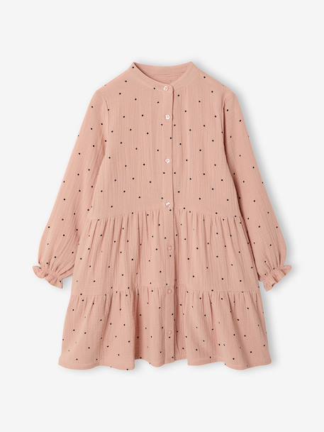 Polka Dot Dress in Cotton Gauze for Girls fir green+pecan nut+plum+sage green 