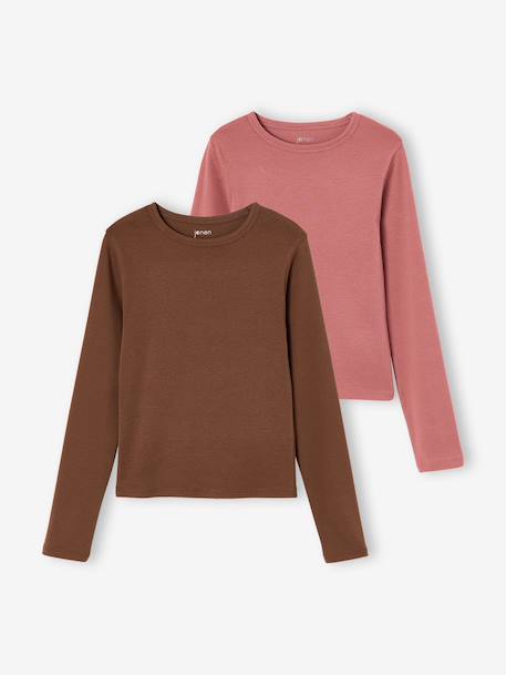 Pack of 2 cropped long-sleeved T-shirts for girls black+chocolate 