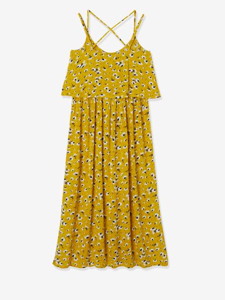 Long Maternity Dress with Stylish Flaps Black/Print+Yellow/Print 