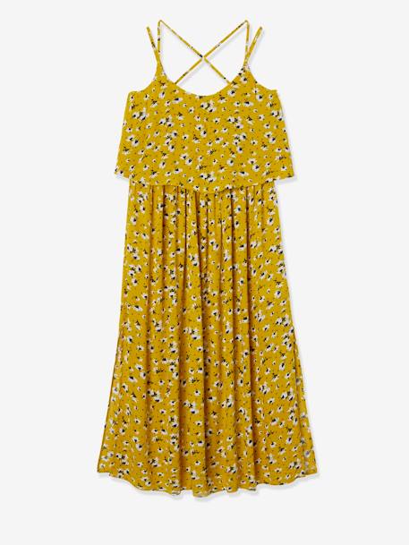 Long Maternity Dress with Stylish Flaps Black/Print+Yellow/Print 
