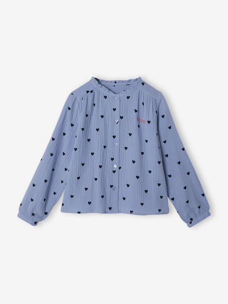Cotton Gauze Shirt for Girls chambray blue+ecru+printed white 