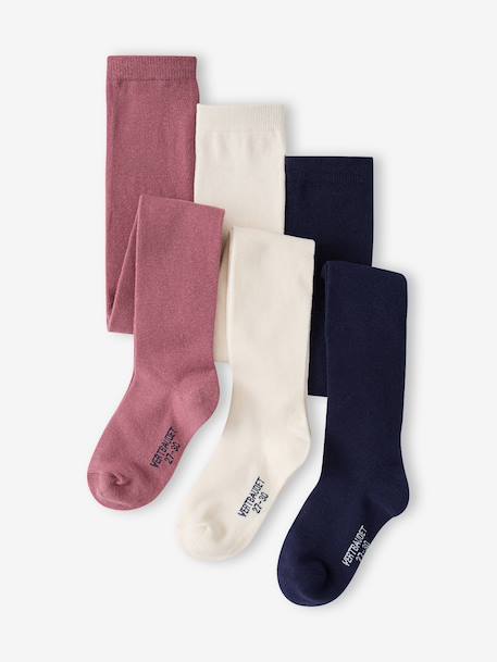 Pack of 3 Pairs of Tights for Girls BLUE DARK TWO COLOR/MULTICOL+cinnamon+Grey+mauve+navy blue+old rose+plum+rosy 
