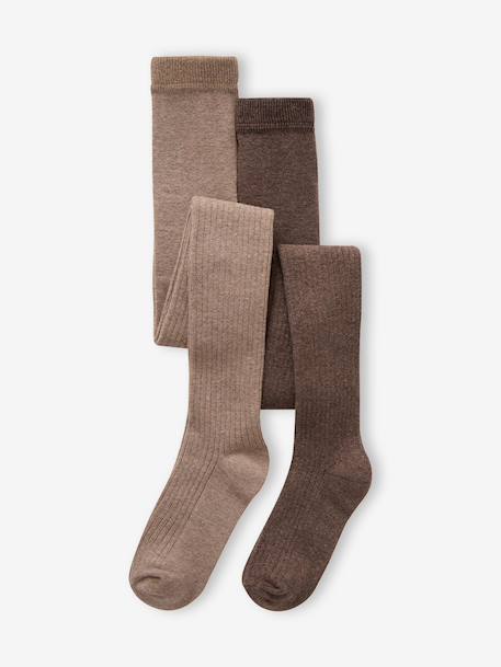 Pack of 2 Pairs of Rib Knit Tights for Girls brown+marl grey+night blue 