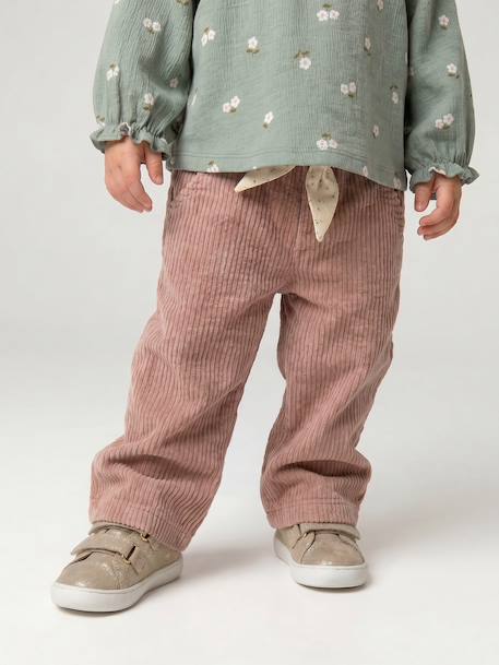 Wide Trousers in Corduroy with Flowers Belt for Babies beige+old rose 