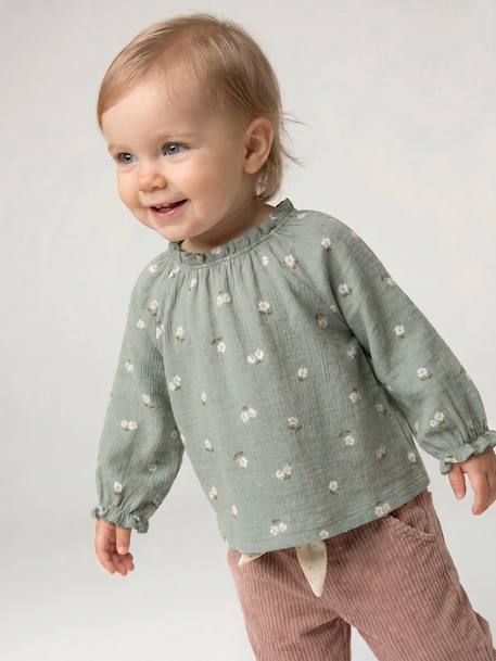 Long-sleeved T-shirt for baby girls sage green+vanilla 