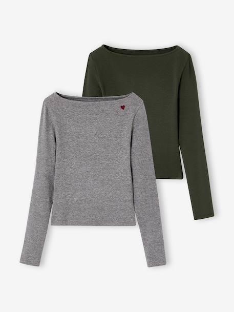 Pack of 2 Ribbed T-Shirts for Girls, JONEN bordeaux red+English green+marl grey 