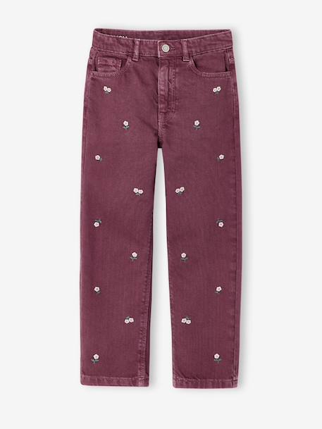 Embroidered girl's mom fit trouser grey green+plum+rosy 