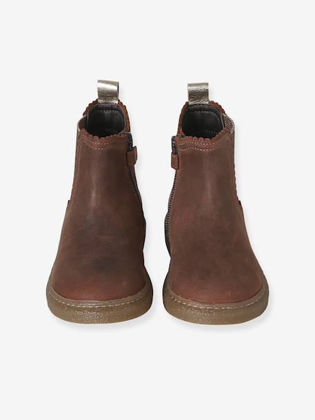 Leather zip-up ankle boots for kids brown+golden yellow 