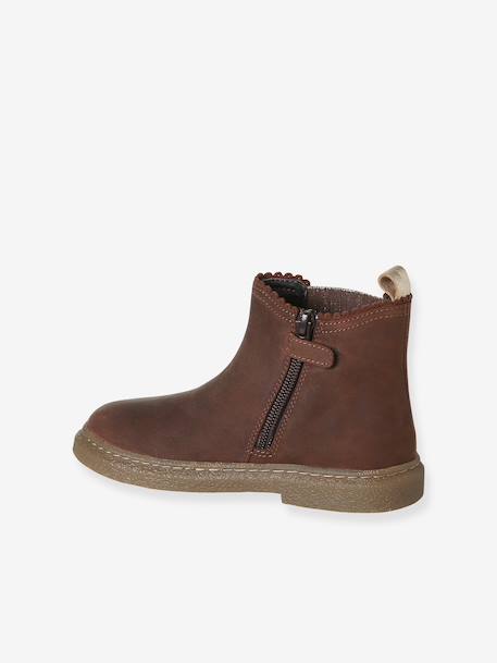 Leather zip-up ankle boots for kids brown+golden yellow 