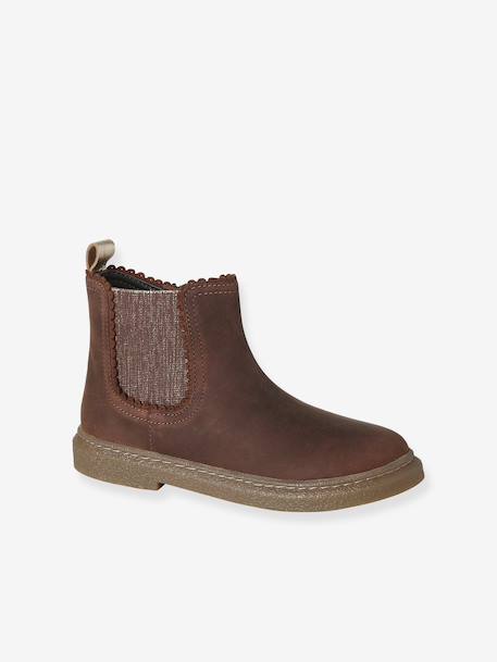 Leather zip-up ankle boots for kids brown+golden yellow 