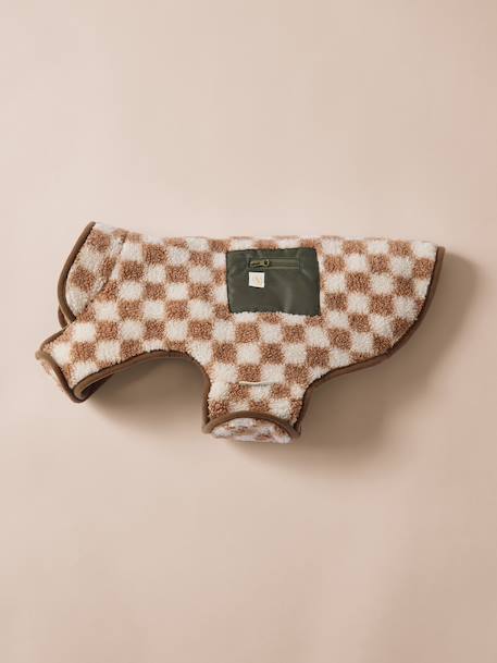 Fleece dog coat beige+chequered brown+khaki 