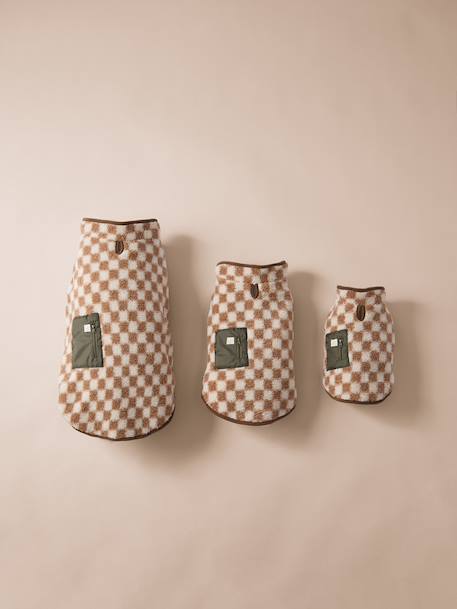 Fleece dog coat beige+chequered brown+khaki 