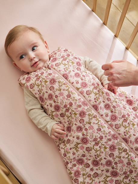Sleeveless cotton gauze baby sleep bag printed pink 