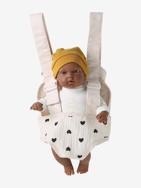 Baby Carrier For Dolls, in Cotton Gauze black+printed pink+rose+yellow 