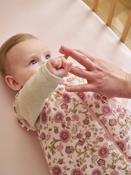 Sleeveless cotton gauze baby sleep bag printed pink 