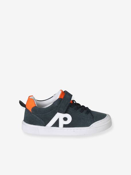 Leather trainers with elasticated laces for boys navy blue 