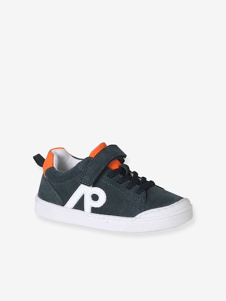 Leather trainers with elasticated laces for boys navy blue 