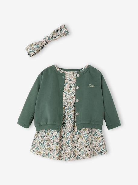 3-Piece Outfit: Dress + Cardigan + Headband for Baby Girls coral+green+grey blue+old rose 