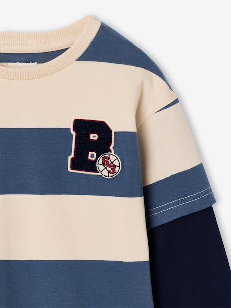 Striped T-Shirt with a Double-Sleeve Effect medium blue+striped green+striped red 