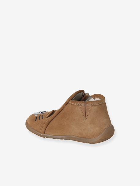 Soft leather baby slippers with zip brown+sage green 