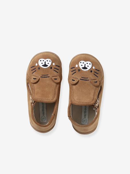 Soft leather baby slippers with zip brown+sage green 